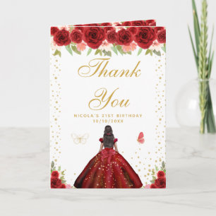 Red Floral Dark Skin Girl Birthday Thank You Card