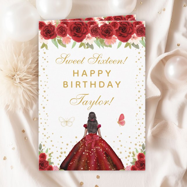 Red Floral Dark Skin Girl Sweet Sixteen Card (Creator Uploaded)