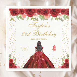Red Floral Dark Skin Princess Birthday Party Napkin