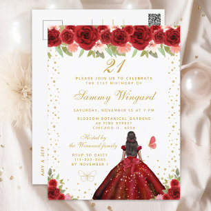 Red Floral Dark Skin Princess Birthday Party Postcard