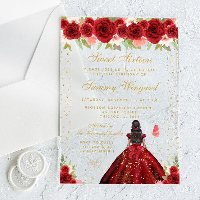 Red Floral Dark Skin Princess Sweet Sixteen Acrylic Invitations (Creator Uploaded)