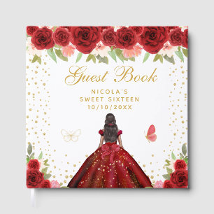 Red Floral Dark Skin Princess Sweet Sixteen Guest Book