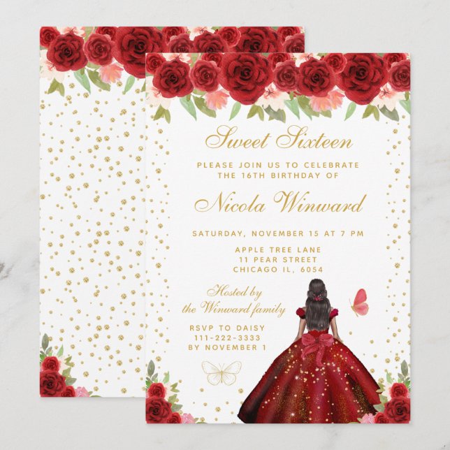 Red Floral Dark Skin Princess Sweet Sixteen Invitation (Front/Back)