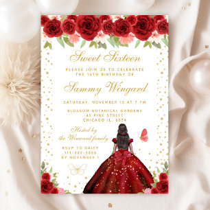 Red Floral Dark Skin Princess Sweet Sixteen Invitation