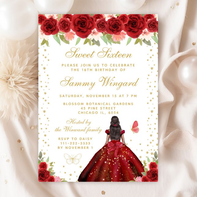 Red Floral Dark Skin Princess Sweet Sixteen Invitation (Creator Uploaded)