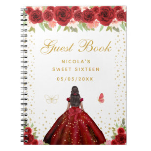 Red Floral Dark Skin Princess Sweet Sixteen Notebook