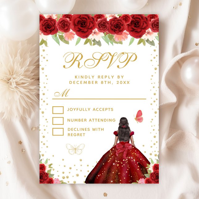 Red Floral Dark Skin Princess Sweet Sixteen RSVP Card (Creator Uploaded)