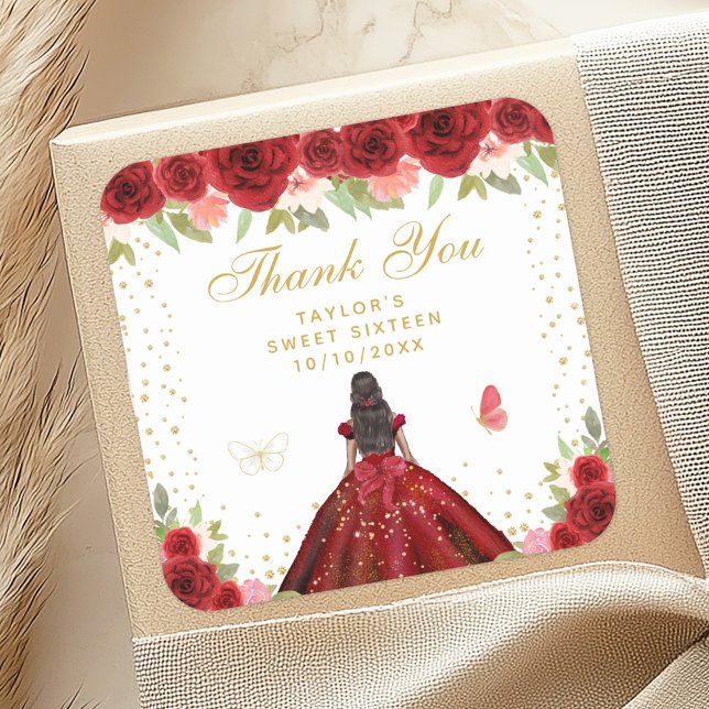Red Floral Dark Skin Princess Sweet Sixteen Square Sticker (Creator Uploaded)