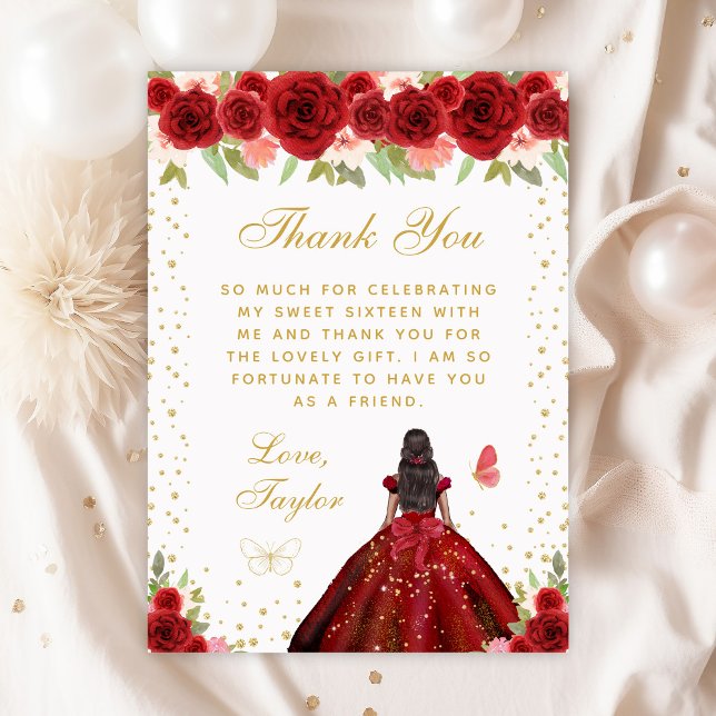 Red Floral Dark Skin Princess Sweet Sixteen Thank You Card (Creator Uploaded)