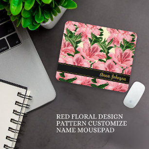 Red Floral Design Pattern Customise Name Mousepad