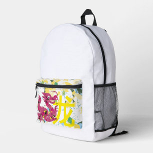 red floral dragon with yellow chinese letter printed backpack