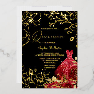 Red Floral & Dress Black Quinceanera Gold Leaves
