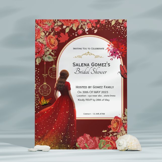 Red Floral Dress Butterfly Bridal shower Invitation (Creator Uploaded)