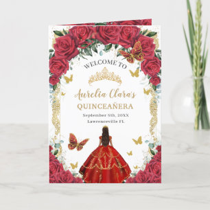 Red Floral Dress Gold Quinceañera Order of Events Program