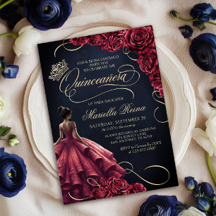 Red Floral Dress Quinceañera Invitation