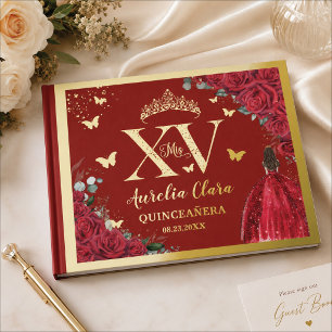 Red Floral Dress Quinceañera Quince 15 XV Gold Guest Book