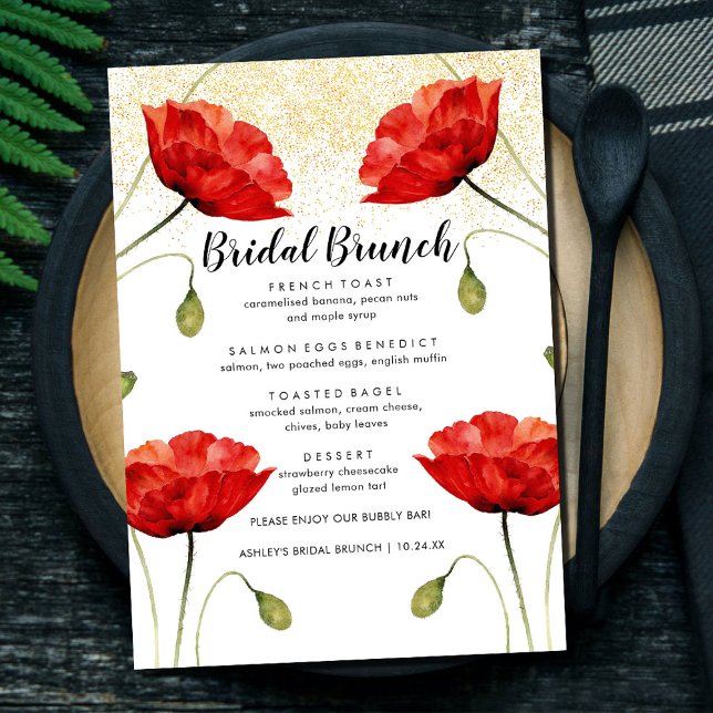 Red Floral Elegant Glitter Bridal Brunch Menu (Creator Uploaded)