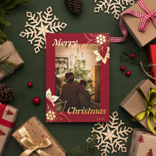 Red Floral Elegant Merry Christmas Portrait Photo Foil Holiday Card
