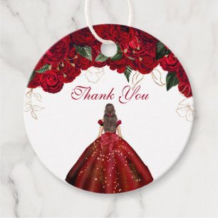 Red Floral Elegant Roses Quince Birthday Thank You Favour Tags