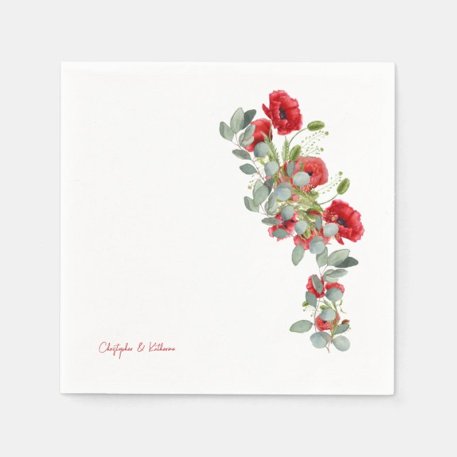 Red Floral Eucalyptus Wedding Cocktail Napkin (Front)