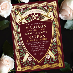 Red Floral Fantasy Swords Shield Monogram Wedding