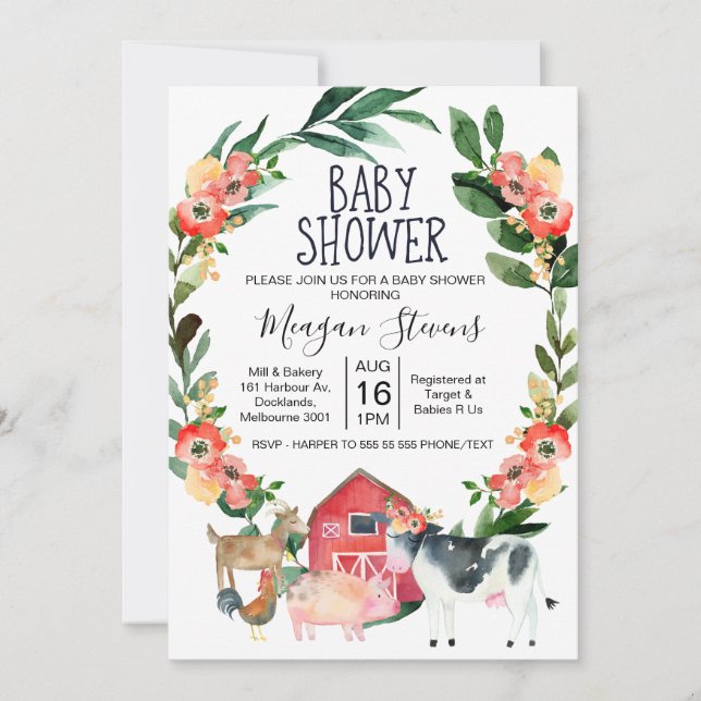 Red Floral Farm Animals Baby Shower Invitation (Front)