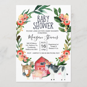 Red Floral Farm Animals Baby Shower Invitation