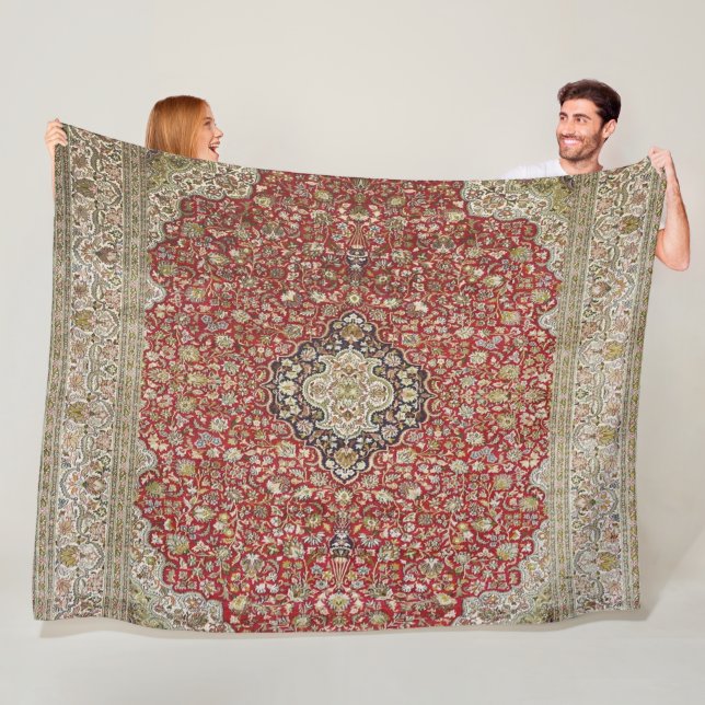 Red floral flower persian turkish pattern elegant  fleece blanket (In Situ)
