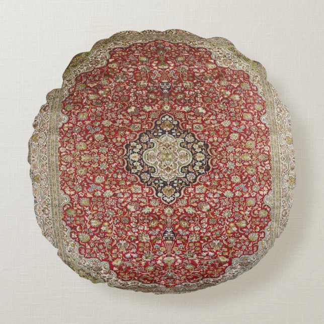 Red floral flower Persian Turkish Rug Print Round Cushion (Front)