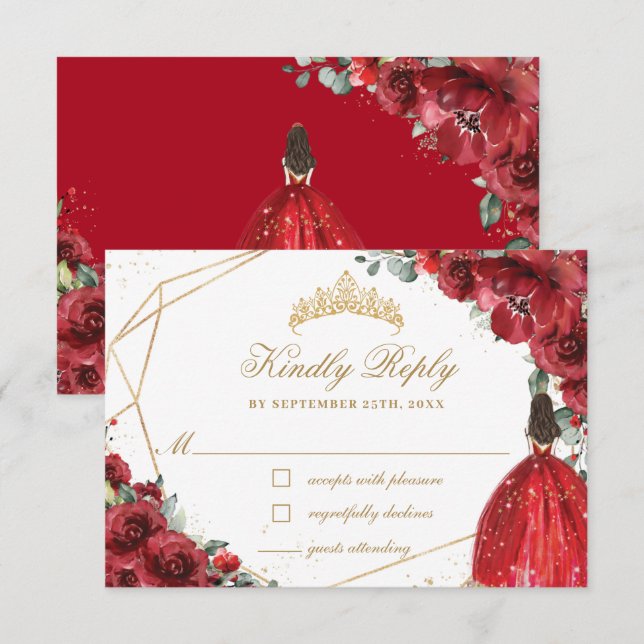 Red Floral Flower Quinceañera Gold Princess Crown  RSVP Card (Front/Back)