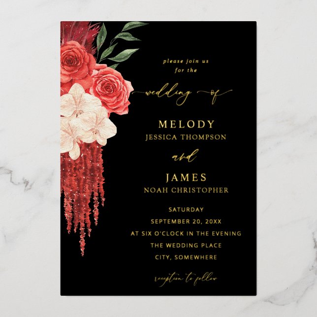 Red Floral Foil Wedding Invitation - Black (Front)