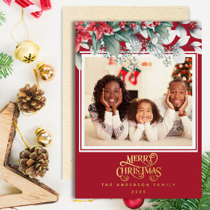 Red Floral Frame Merry Christmas Holiday Photo