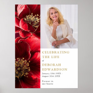 Red Floral Funeral Celebration Of Life Photo Sign