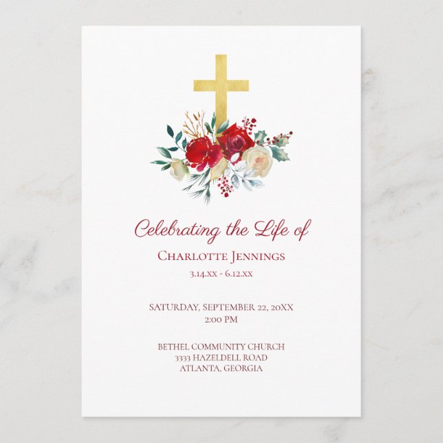 Red Floral Funeral Memorial Order of Service Program (Front)