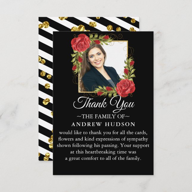 Red Floral Funeral Photo Thank You Card (Front/Back)