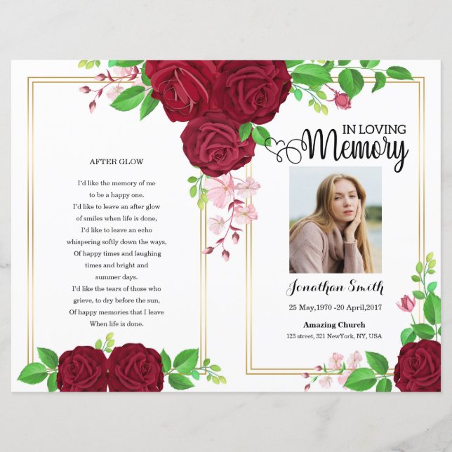 Red floral Funeral Program template (Front)