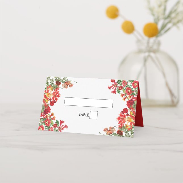 Red Floral Garden Botanical Flowers Wedding  Place Card (Front)