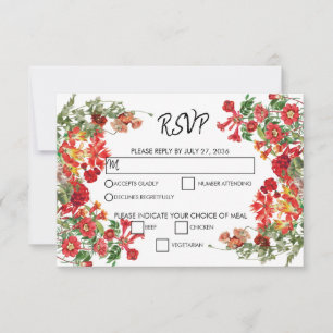 Red Floral Garden Botanical Flowers Wedding  RSVP Card