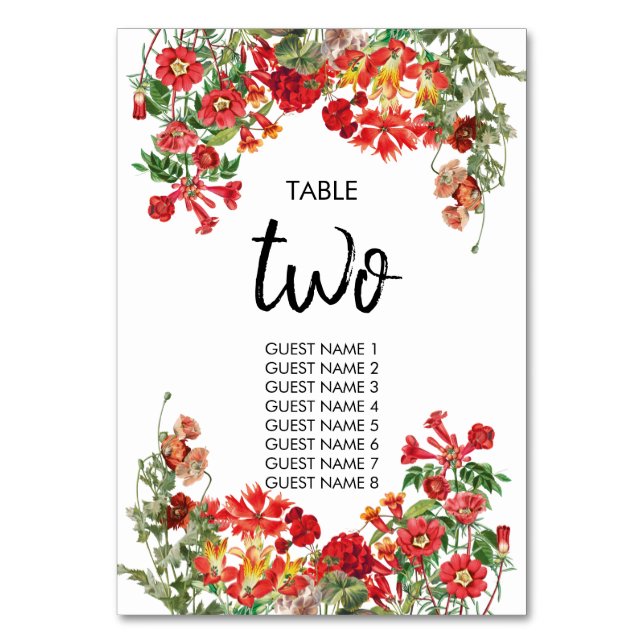 Red Floral Garden Botanical Flowers Wedding Table Number (Front)