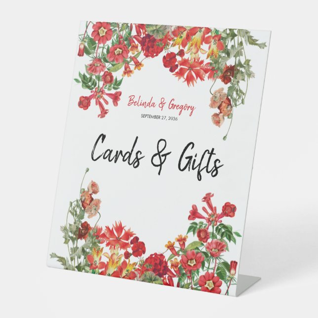 Red Floral Garden Flowers Wedding Cards & Gifts Pedestal Sign (Front)