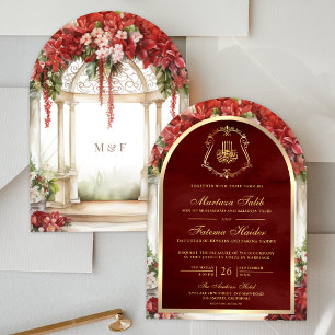 Red Floral Garden of Paradise Arch Muslim Wedding Invitation