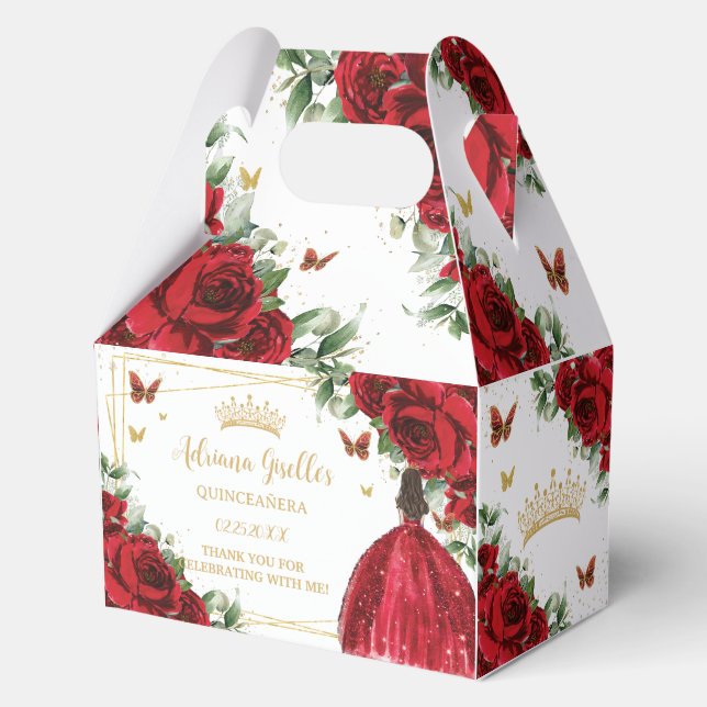 Red Floral Girl Dress Birthday Quinceañera 16 15 Favour Box (Front)