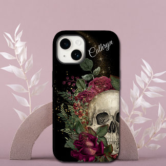 Red Floral Glitter Skull Personalised iPhone 14 Case