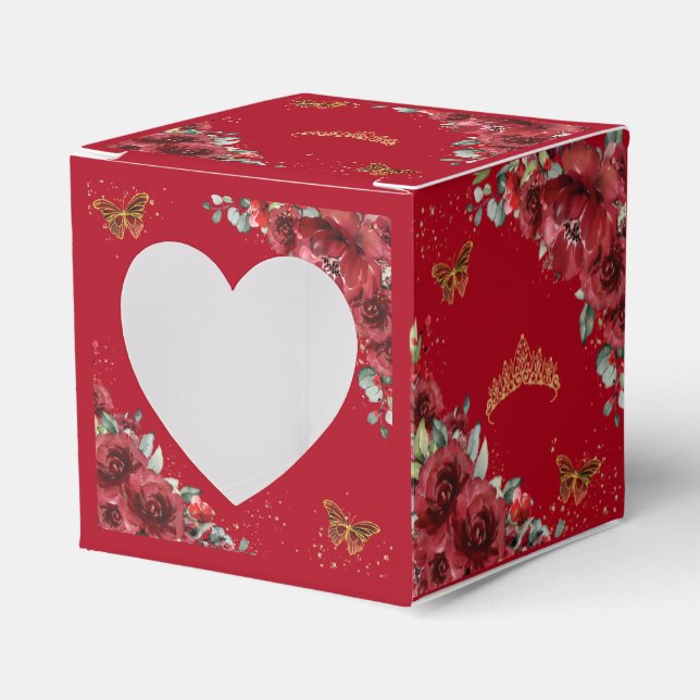 Red Floral Gold Butterflies Quinceanera 15 XV Mini Favour Box (Front Side)