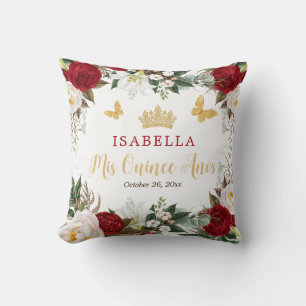 Red Floral Gold Butterflies Quinceañera Cushion