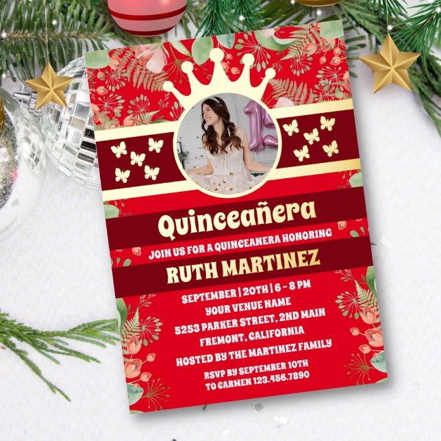 Red Floral Gold Butterfly Quinceanera Party Photo (Creator Uploaded)