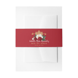Red Floral Gold Crown Quinceañera Invitation Belly Band