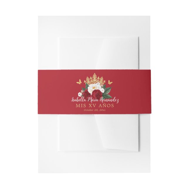 Red Floral Gold Crown Quinceañera Invitation Belly Band (Front Example)