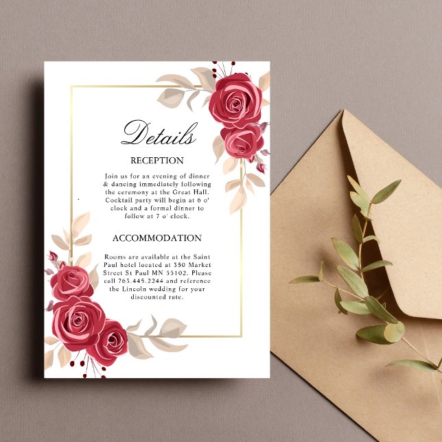 Red Floral Gold Frame Wedding Enclosure Card (Creator Uploaded)