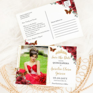 Red Floral Gold Geometric Quinceañera Photograph Announcement Postcard